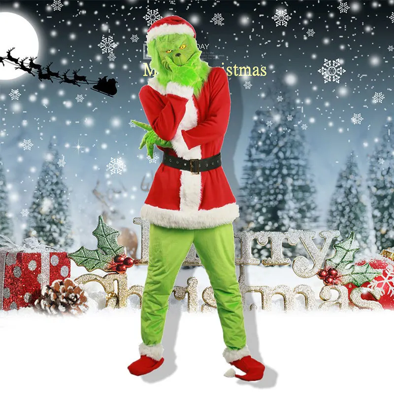 Green Hair Monster Santa Claus Costume Set Christmas Explosion Party Adult Kids Costume Cosplay Halloween Scary Monster Clothing
