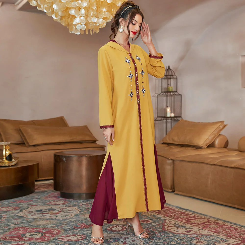 Djellaba Yellow Abaya Dubai Evening Dresses for Muslim Women Handwork Diamond Caftan Marocain Robe Arabe Femme Musulman Vestidos