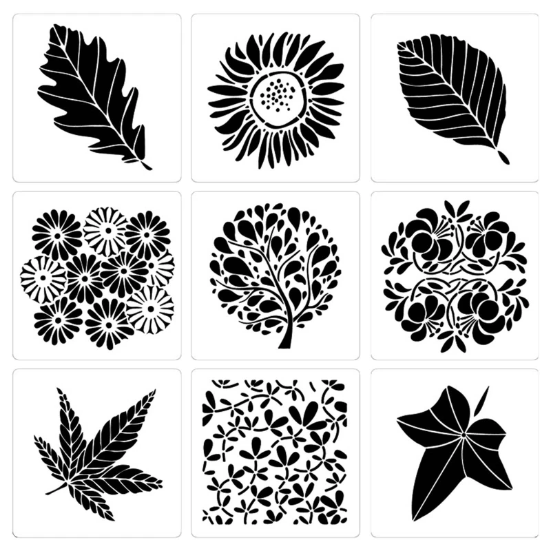 

9Pc Painting Templates Flower Leaves Tree Stencils Flexible for Wood Wall Canvas