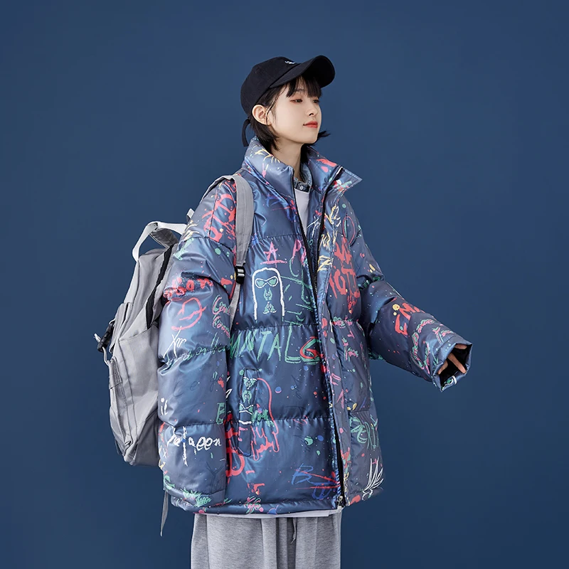 Colorful Letter Graffiti Puffer Jacket for Women Korean Fashion Trends Couples Clothing Teenage Oversized Winter Coat Streetwear