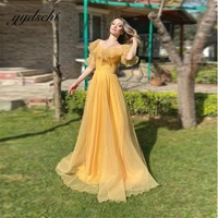 vintage yellow square neck tulle prom dresses boho 2022 a line short sleeves princess party gowns floor length evening dress