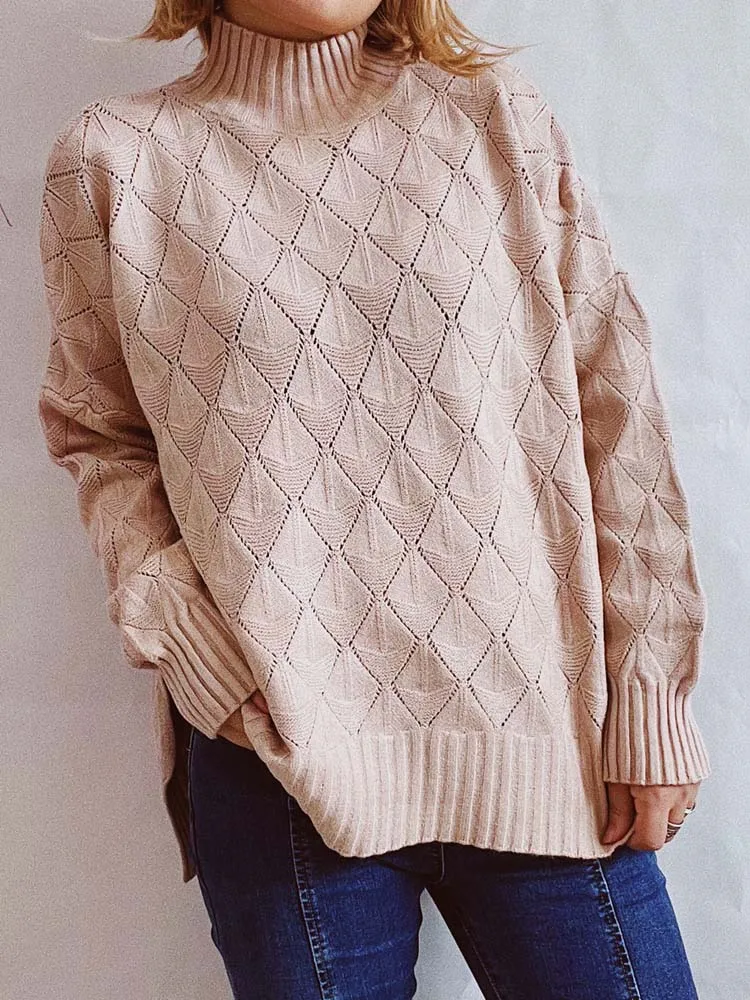 

2022 New Autumn Semi Turtleneck Women Sweaters Plaid Winter Tops Loose Women Pullover Knitted Jumpers Soft Warm Pull Femme
