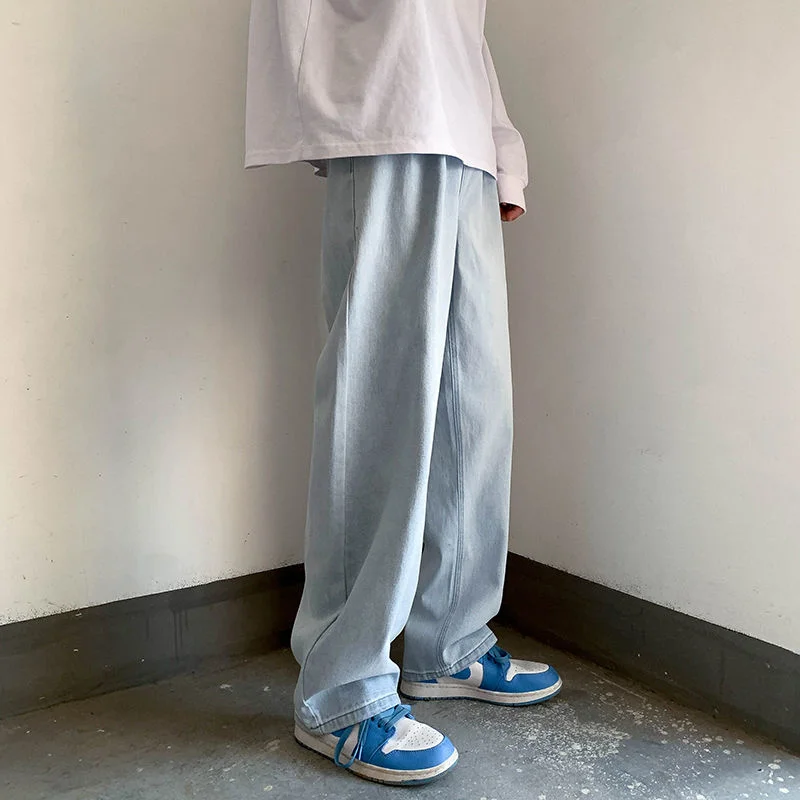 Джинсы мужские с потертостями прямые брюки из денима широкими штанинами в стиле