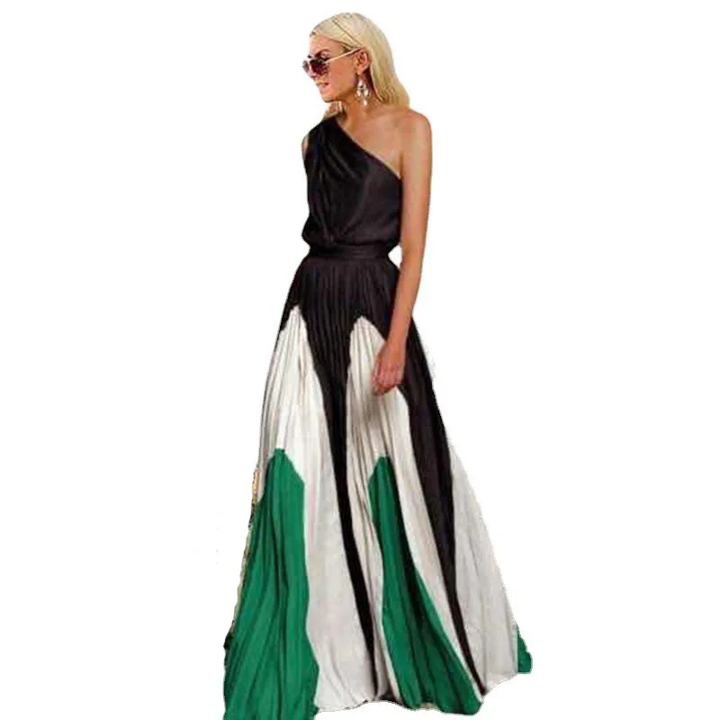 

2022 Spring And Summer New European And American Women's Dresses Contrast Color Loose Stitching Strapless Printed Long Skirt
