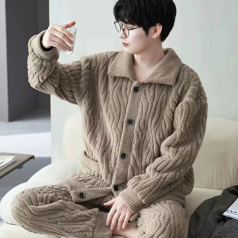 Men's Pajama Sets Winter Warm Thick 2 Piece Set Flannel Sleepwear Loose Long Sleeve Solid Color Homewear Homeclothes
