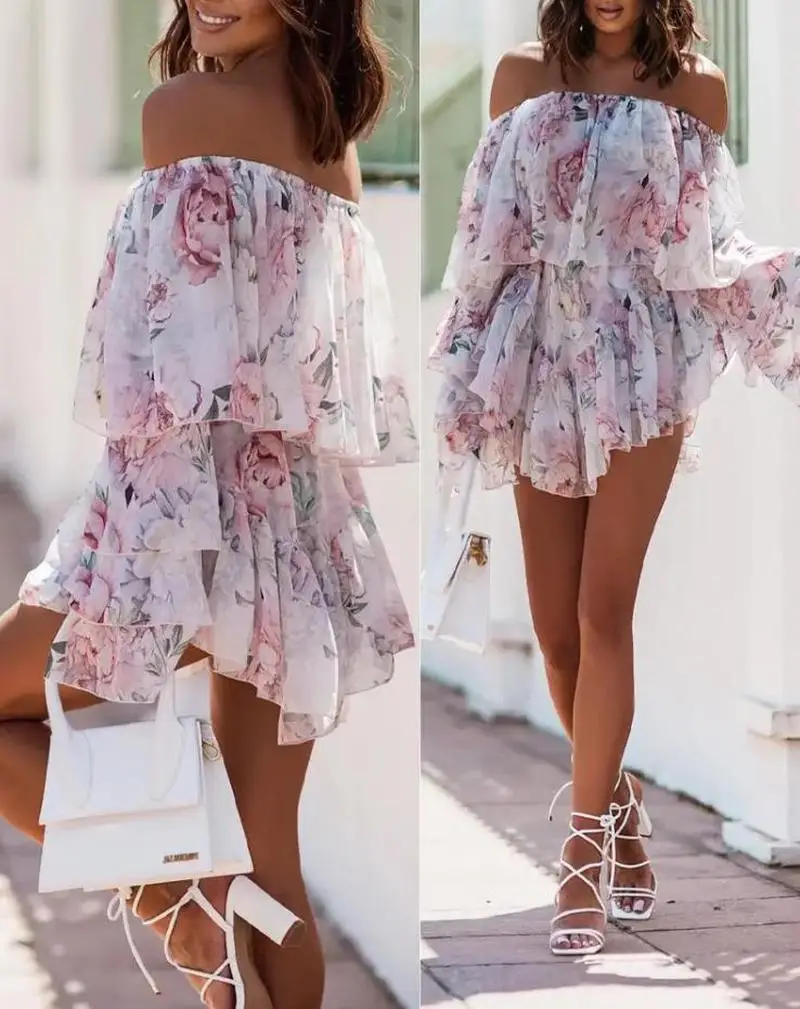 Elegant Chic Beach Street Clothes Thin Slim Outfits Women Floral Print Romper Ruffle Hem Off Shoulder Bell Sleeve Jumpsuits