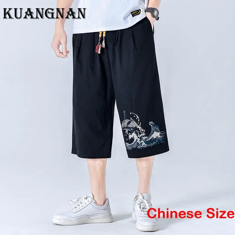 

KUANGNAN Embroidery Cotton Linen Pants Luxury Clothing Korean Style Clothes Man Sweatpants Male Hip Hop Sale Japanese 5XL 2023