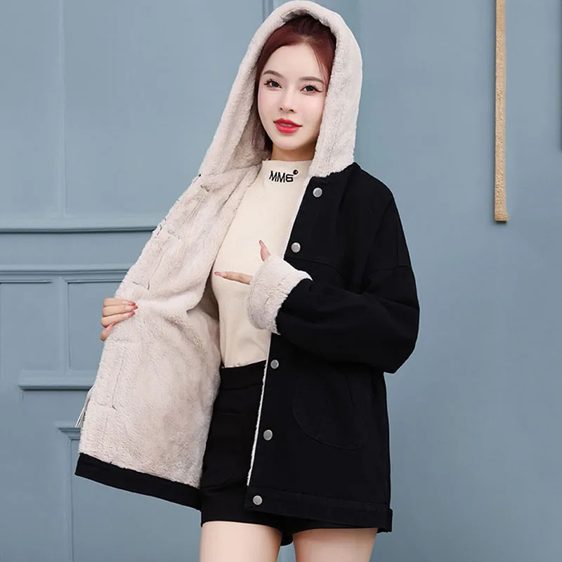 

Lamb Denim Jacket Women Overcoat Autumn Winter New Thicke Cashmere Parka Female Korean Loose Joker Hooded Cotton-Padded Coat