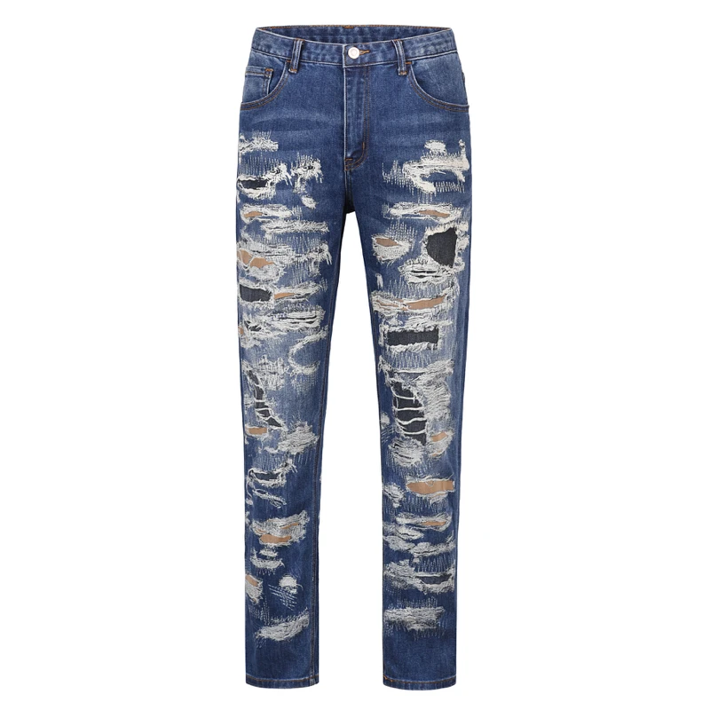 Retro Washed 3D Printed Fake Distressed Jeans Hip Hop Denim Pants Streetwear Jean Pants Mens Harajuku Cotton Trousers Joggers