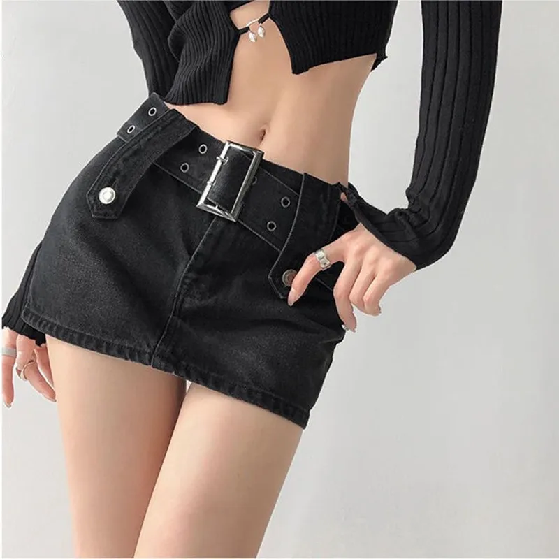 

STSVZORR Y2K Mini Skirt High Waist Denim Short Skirt 2022 Summer Low Waist Exposed Umbilical Slim Wrapped Hip Skirt