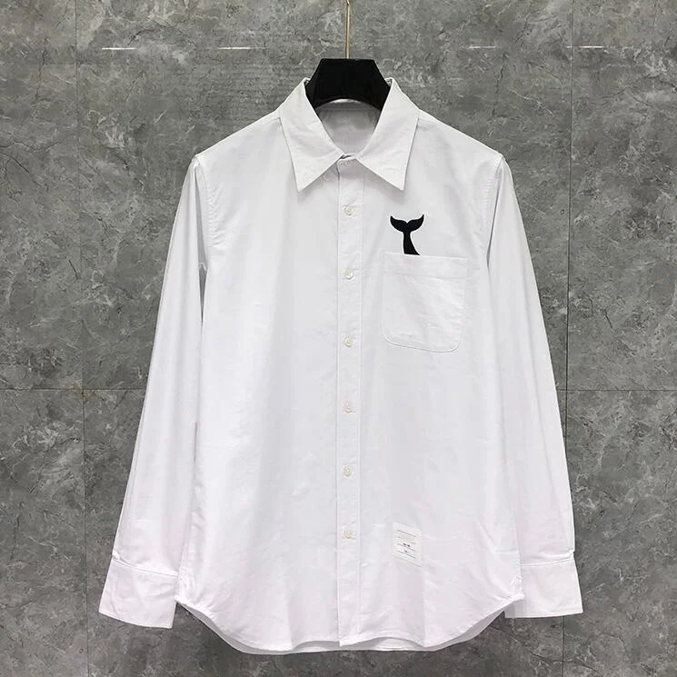 

THOM 2023 Fashion TB Brand Shirts Men Long Sleeve Casual Shirt Turn Down Collar Oxford Whale Embroidery White Men's Clothing