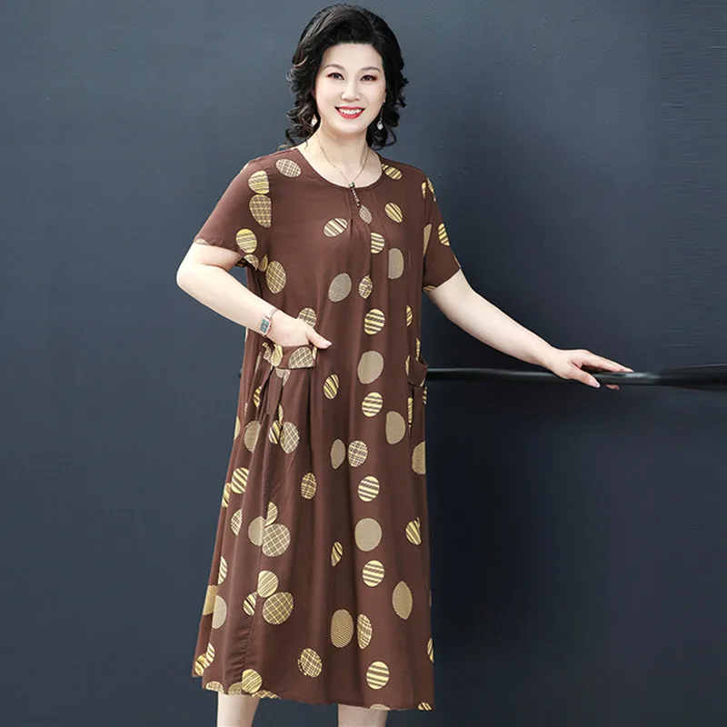 Mother Summer Nightgowns New Plus Size Middle-Aged Elderly Women Short Sleeve Nightdress Loose Print Long Dress Home Clothes 6XL