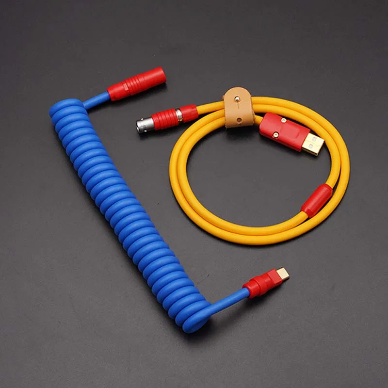 

Gundam-Inspired USB Coil Cable - Yellow Exterior with Deep Blue Coil Red Aviator Connector Upgraded TPU Chromium Hardware
