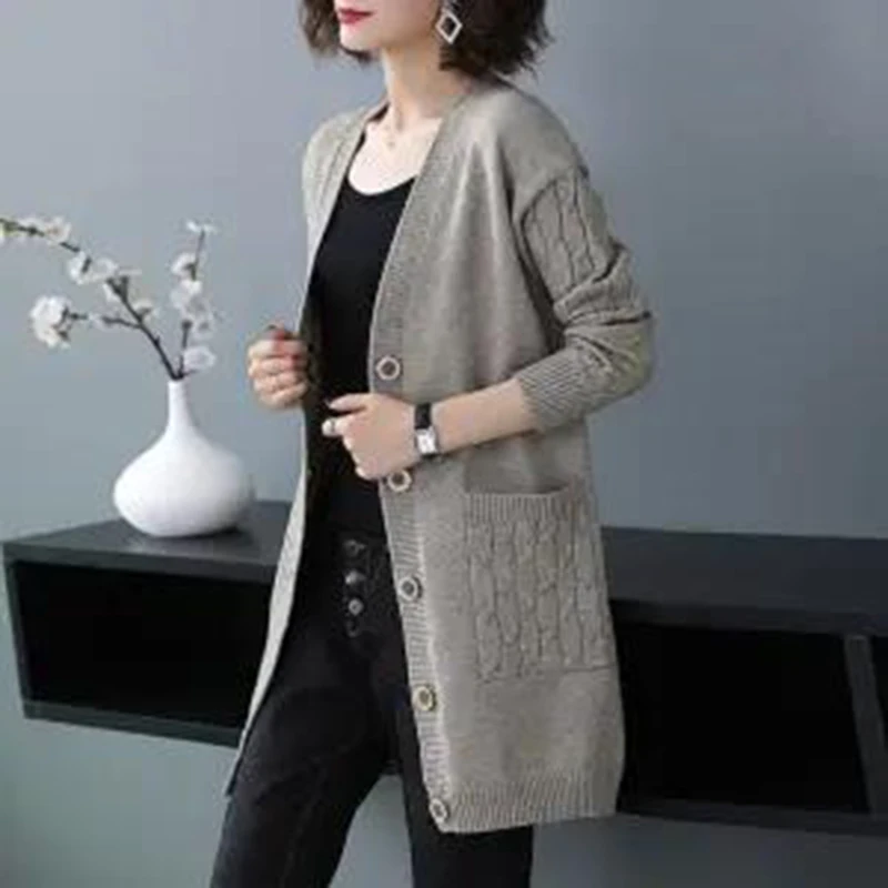 

2022 Autumn Winter New Fashion Mid Length Women Knitted Cardigan Casual Loose Long Sleeve Large Female Sweater Coat
