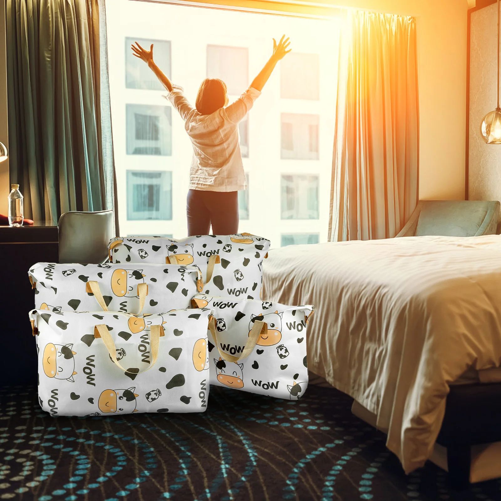 

Набор больших сумок для хранения из 4 предметов, милый складной органайзер для одежды на молнии с коровьим стеганым одеялом и ручкой