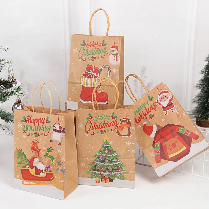 

5pcs Merry Christmas Kraft Paper Bag Christmas Tree Sock Santa Claus Printed Gift Handles Bags Packaging Xmas Party Decor Supply