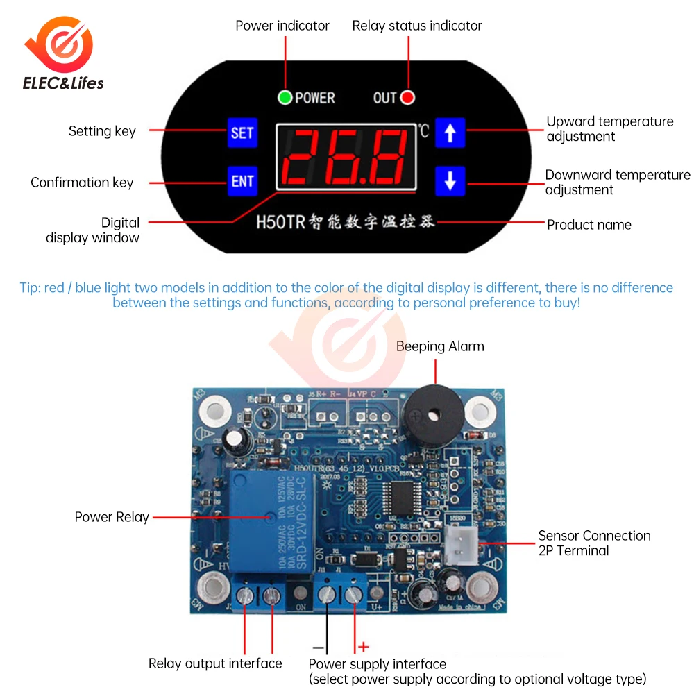 H50TR Adjustable LED Digital Display Temperature Controller Thermostat Switch DC12V 24V Cool Heat Sensor NTC10K Waterproof Probe