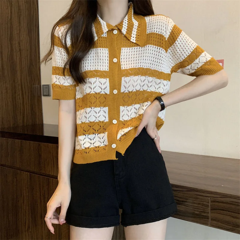 Fashion Striped Short-Sleeved Women's Summer 2023 New Crocheted Hollow out Sweater Coat