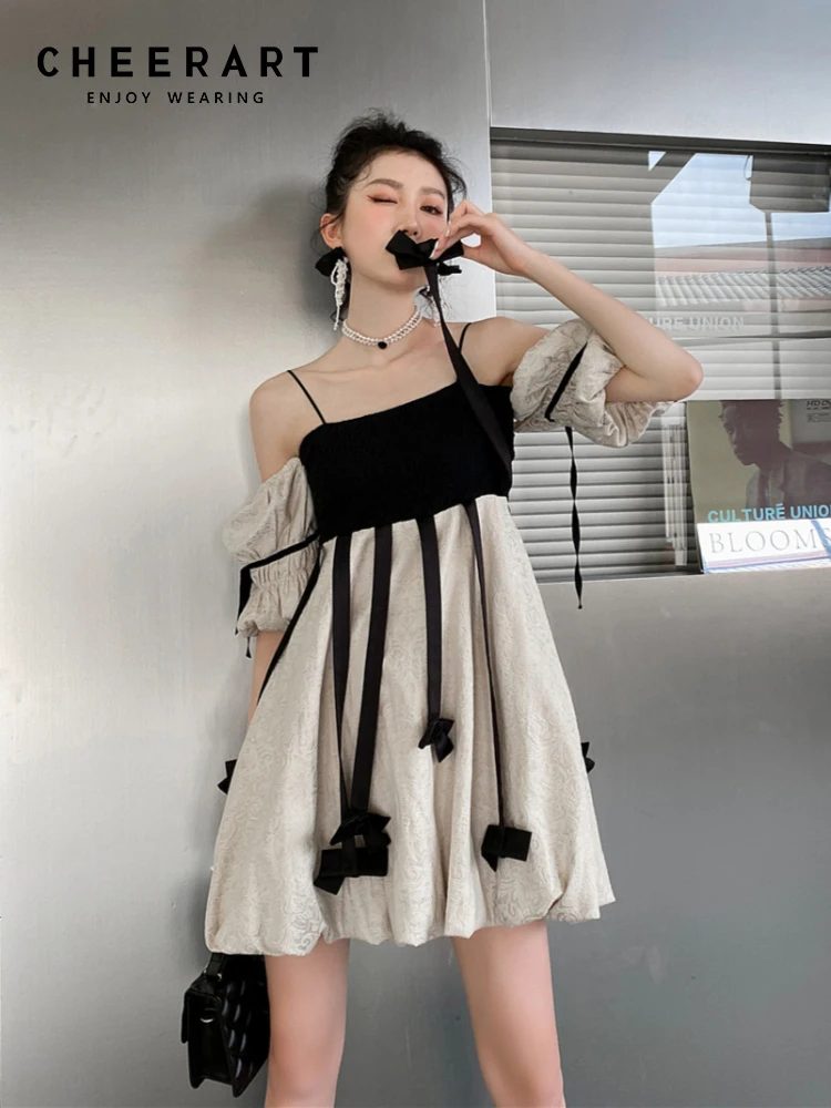 

CHEERART Gothic Clothes Summer 2022 Lantern Sleeve Backless Dress Off The Shoulder Slip Goth Dress Ball Gown Designer Clothing