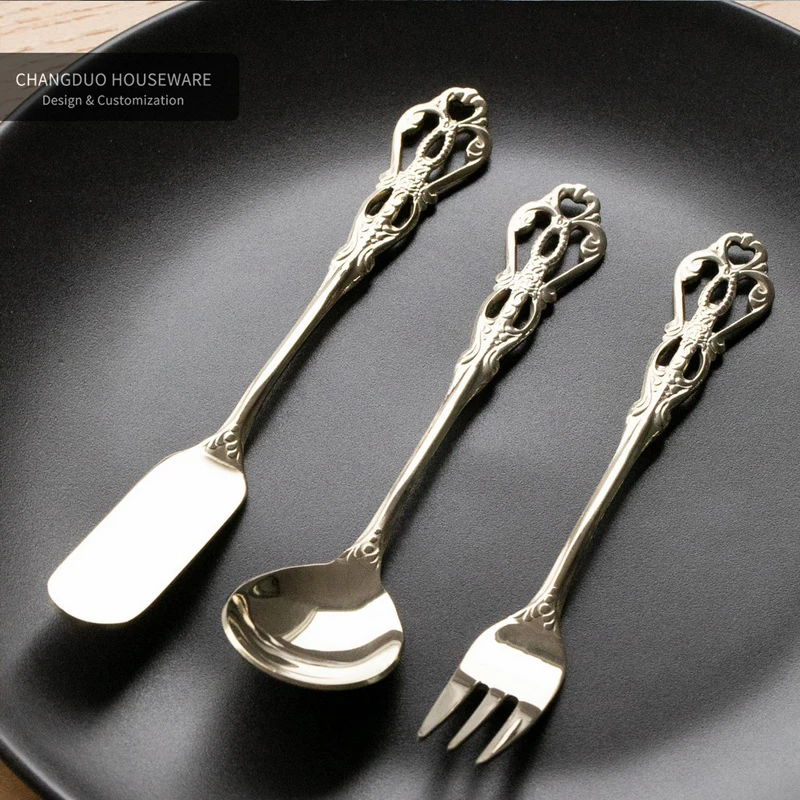 Light Luxury British Style Golden Spoon Fork Knife Tableware Metal Material Hand-carved Kitchen Bar Supplies