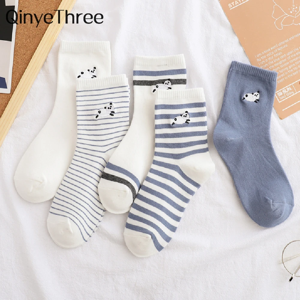 

Chic Cute Striped Funny Embroidery Happy Flying Running Panda White Light Blue Soft Cotton Socks Funny Gift Sokken Dropship