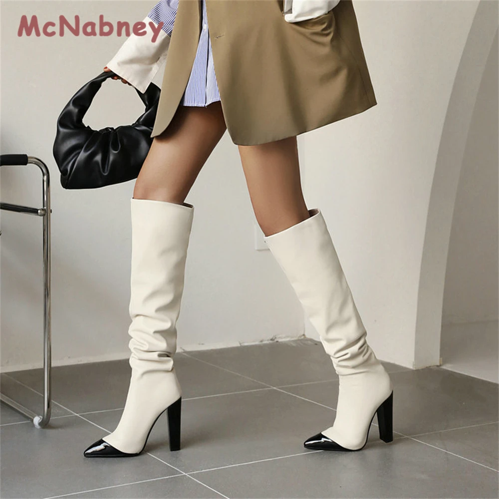 Women's Knee High Boots Winter Fashion Leopard Chunky Heels Pointed-Toe High Boots Female Luxury Mixed Color Slip-On Long Boots