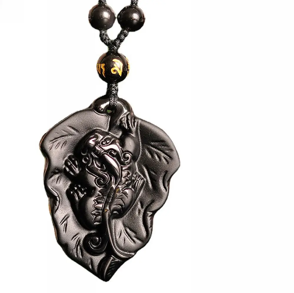 

Natural obsidian leaf get rich overnight PIXIU tianlu necklace Amulet pendant bead chain