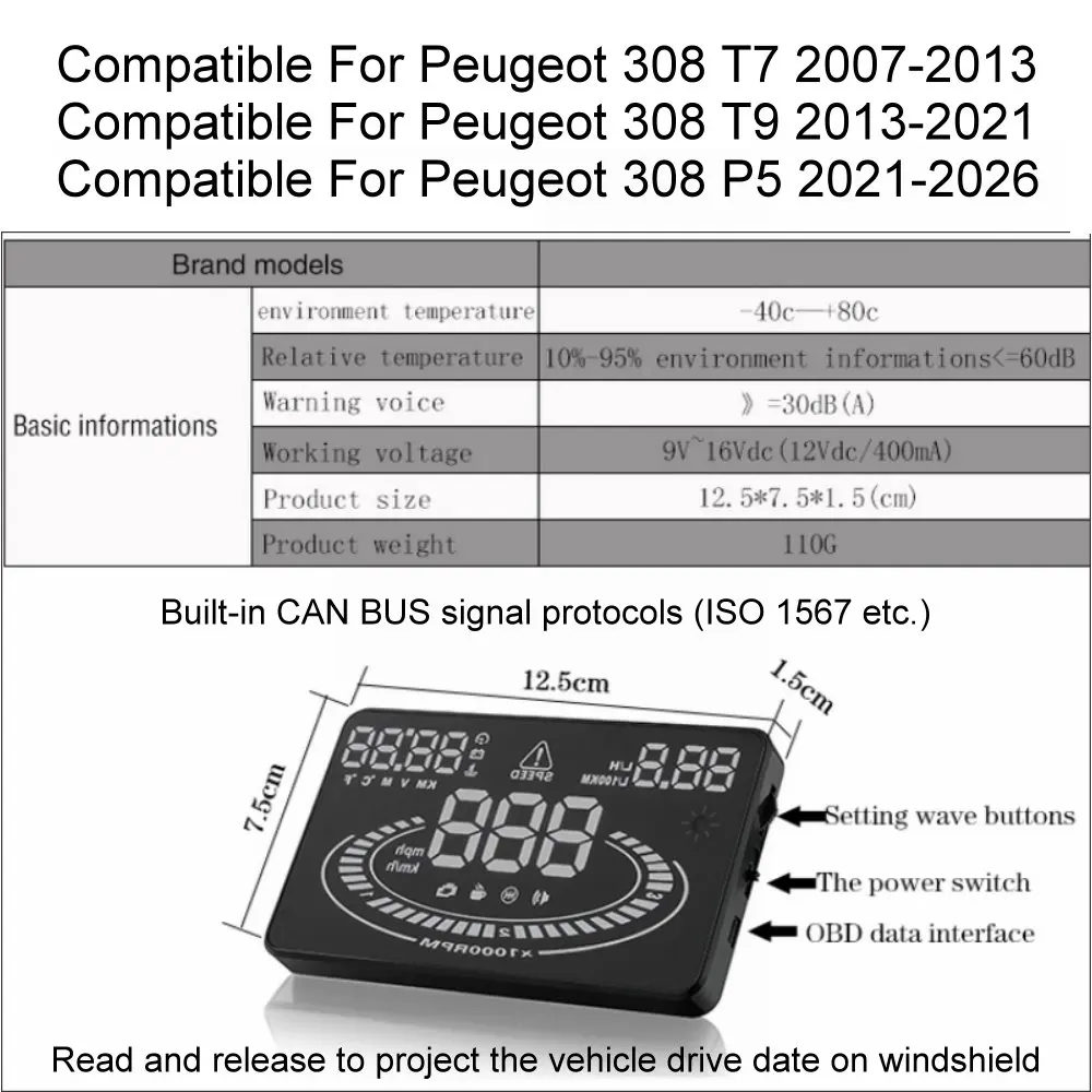 Фото Автомобильный проекционный дисплей (HUD) для Peugeot 308 T7 2007-2013, T9 2014-2021, P5 2022-2026, аксессуары для автомобильной электроники. №5
