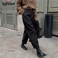 korean simple fashion loose cotton womens pants 2022 autumn high waist pocket button harem ankle length suit pants for women