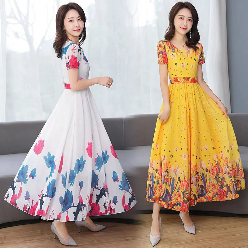 

Женское шифоновое платье с коротким рукавом, круглым вырезом и цветочным принтом