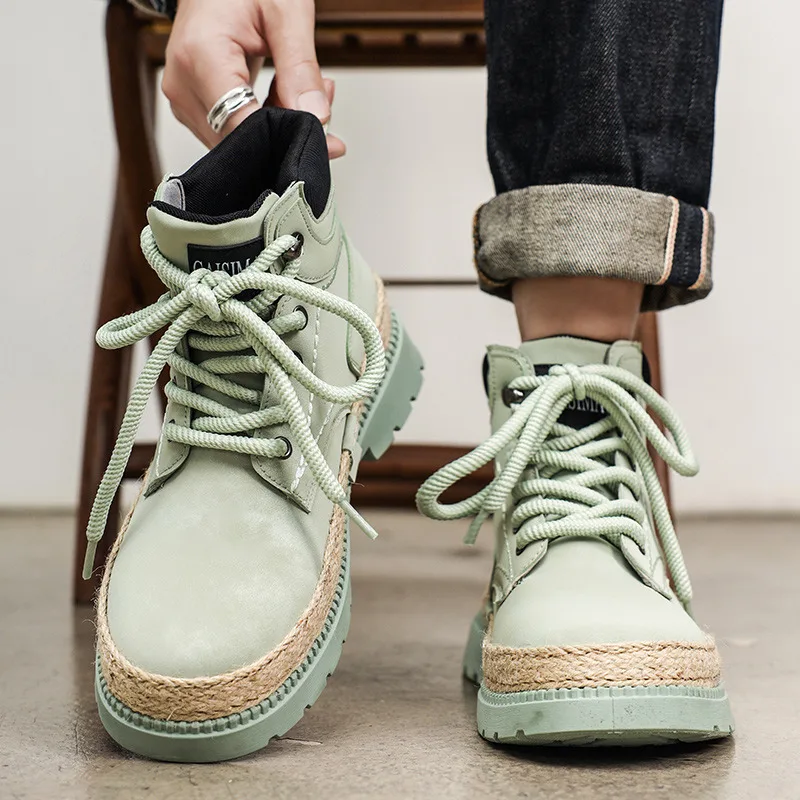 Осенне-зимние модные зеленые мужские рабочие ботинки удобные на платформе