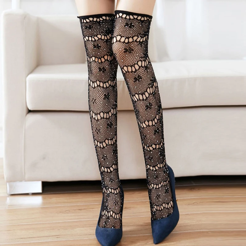 

Блестящие кружевные чулки, женские модные чулки до бедра, яркие черные вязаные крючком сетчатые носки