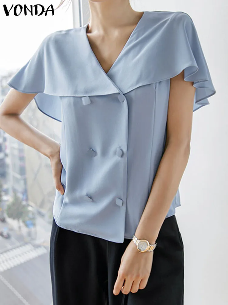 

Women Elegant Blouse 2023 Fashion Summer Short Sleeve Shirts Sexy Lapel Neck Tops Femininas Tunic Casual Puff Sleeve OL Blusas