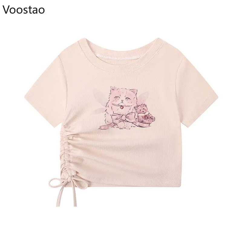 

Summer Japanese Women Cute Lolita T-Shirts Kawaii Cartoon Cat Print Short Sleeve Waist Drawstring Tops Girls Cute Tees Tshirt