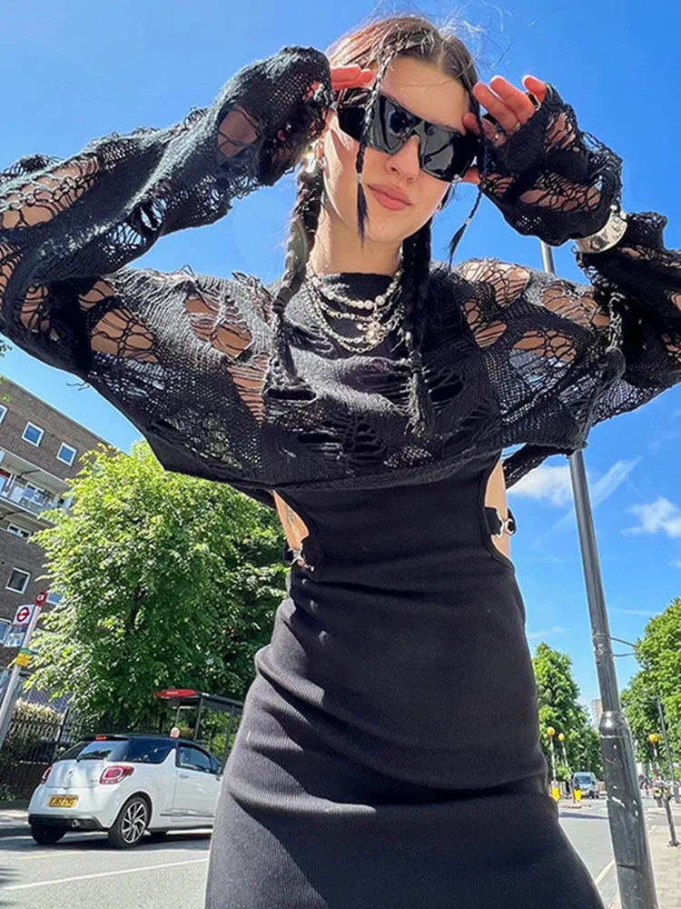 

Women Clothes 2022 Autumn Hollow Out Knitted Sweater Streetwear Solid Black Long Sleeve O-neck Crop Top Female Knitwear Pullover