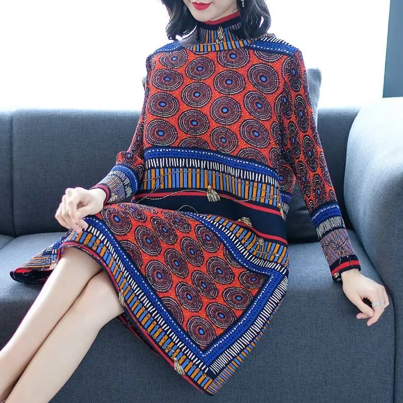 Vintage Printed Pleated Dress New Fashion Chinese Style High Neck Loose Slim Mid length Dress Spring 2023 Casual Dress Female