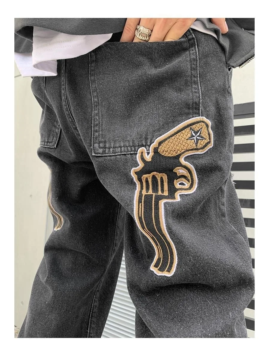 2022 New American West Coast Street Hip Hop Embroidery Pistol Leisure Jeans Men And Women Loose Straight High Wais Long Pants