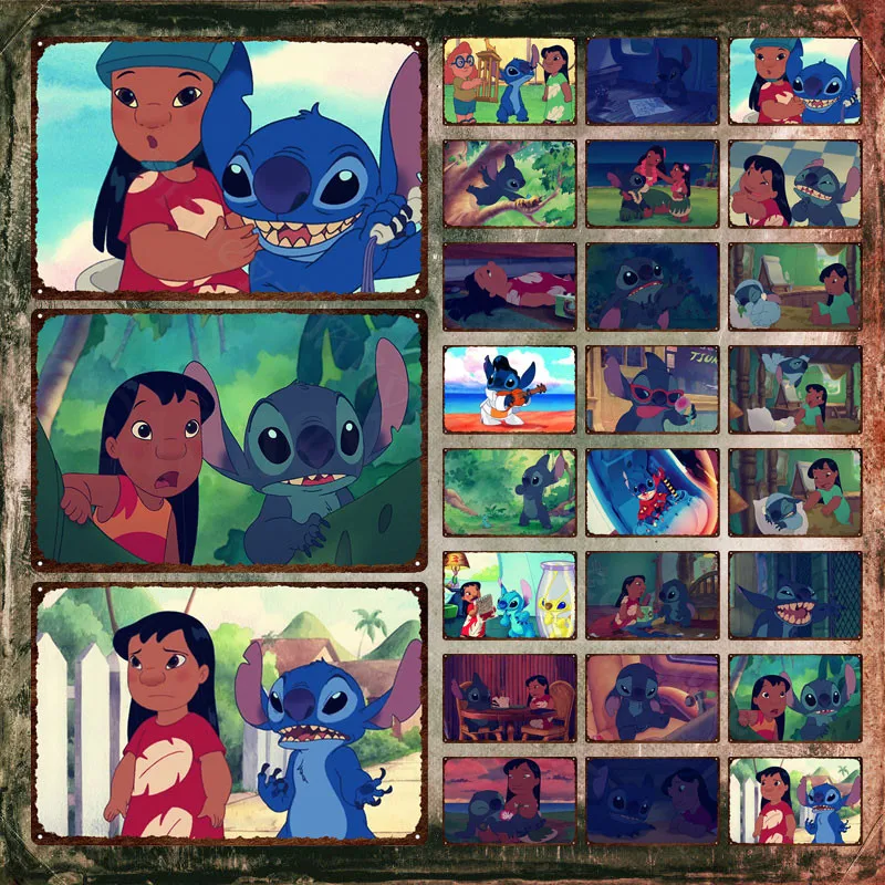 

Disney Metal Signs Lilo & Stitch Metal Poster Hula Dance Tin Signs Plate Stitch Eat Ice Cream Vintage Plaque for Kids Room Decor