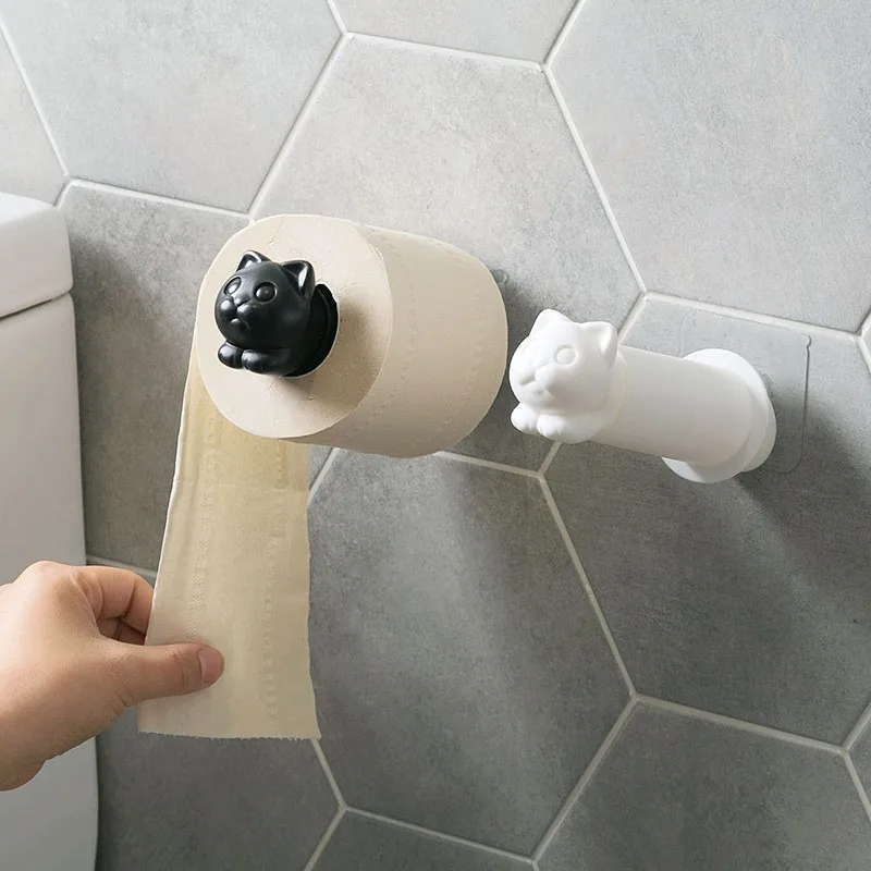 

Toilet Paper Holder Cat Kitchen Roll Holder Adhesive Wall Towel Rack Creative Bathroom Tissue Hanger