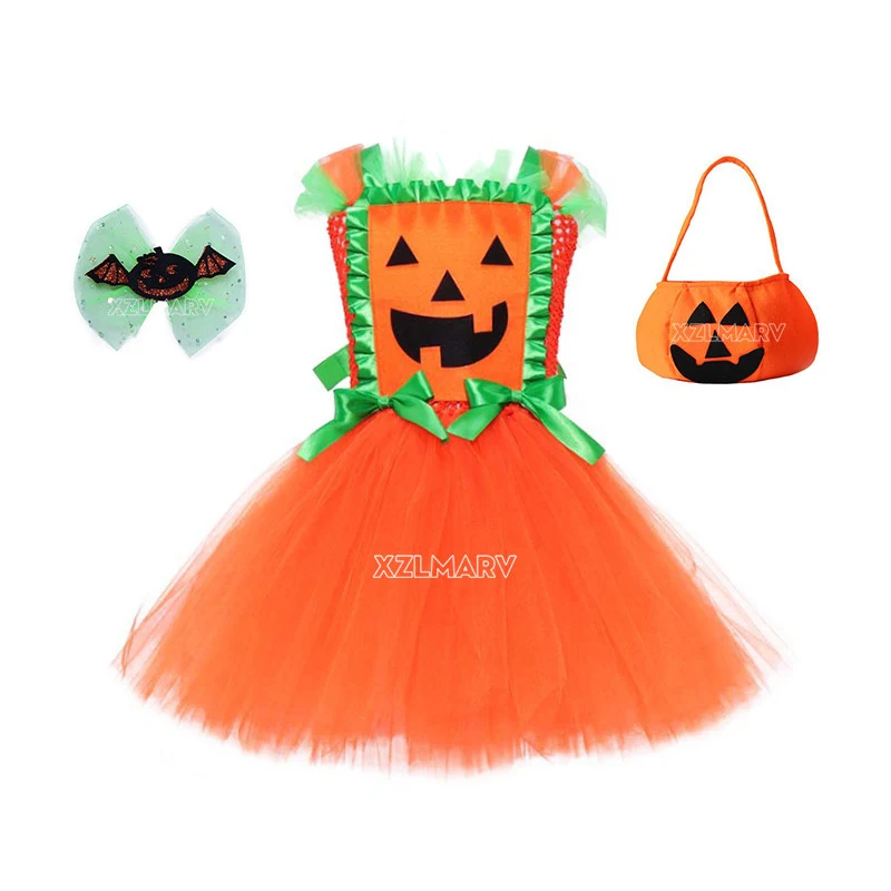 

Halloween Cosplay Girls Pumpkin Style Witch Shoulderless Baby Ball Gown Tulle Tutu Dress Children Masquerade Props Party Costume