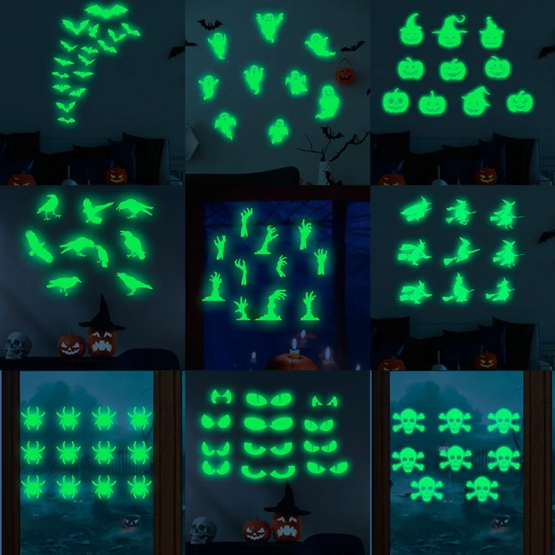 

[Home Decorations] EGS New Halloween Luminous Blood-Absorbing Bat Witch Pumpkin Ghost Peeping Eyes Fluorescence Sticker Wall Sti