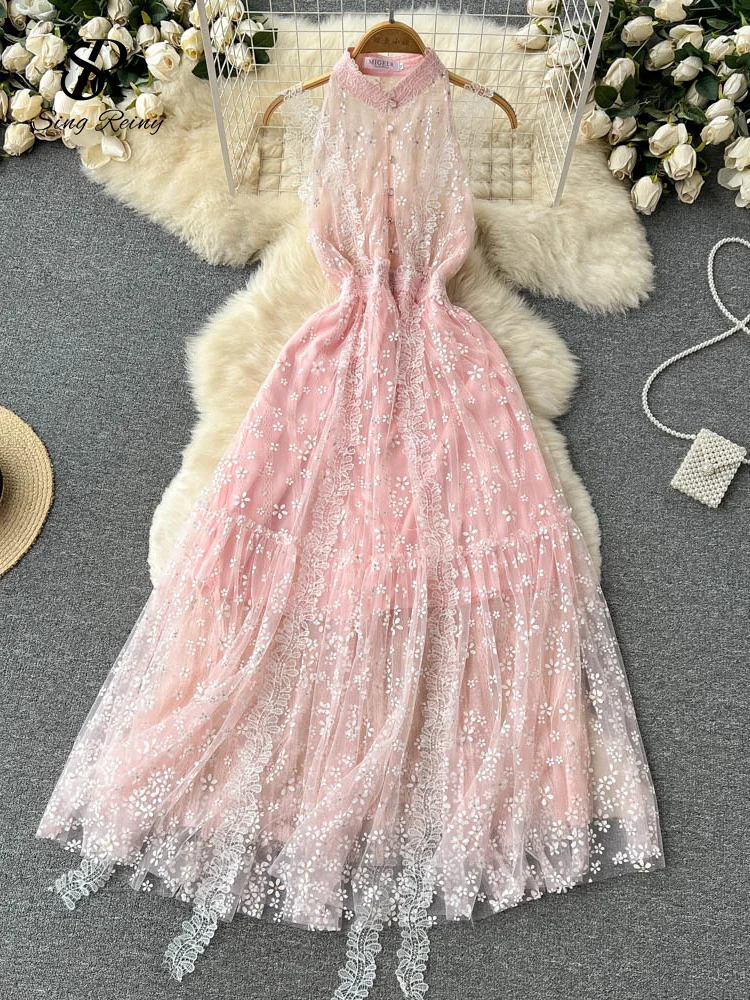 

SINGREINY Mesh Strapless Tassel Summer Dress Women Fashion Zipper High Neck Elegant Ladies Beach women clothing dresses