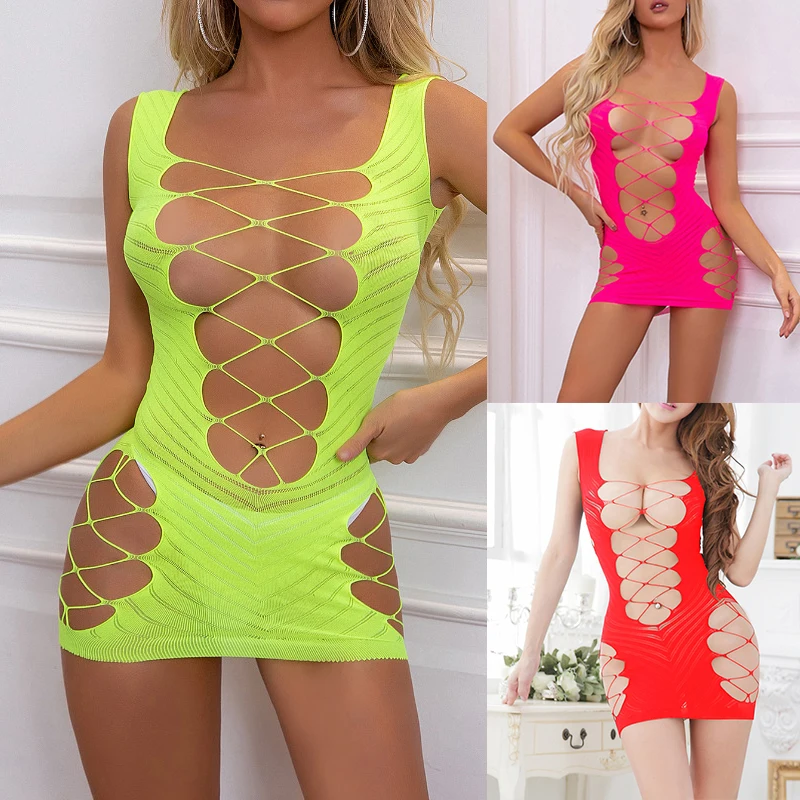 

Ladies Mini Short Dress 2022 New Fishnet Dress Babydoll Sleepwear Lingerie Sexy V Neck Sleeveless See-through Hollow Out vestido