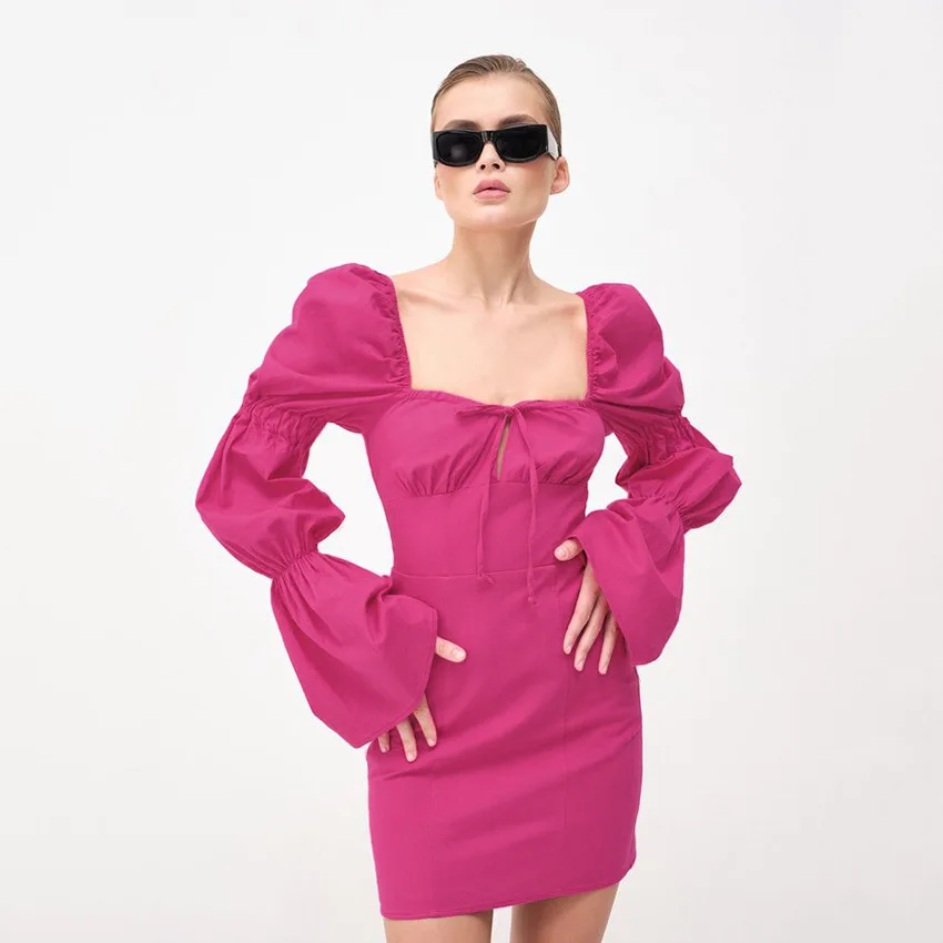 

Autumn cotton linen rose red square collar wrap hip skirt fashion bubble sleeve hollow sexy dress women's clothing