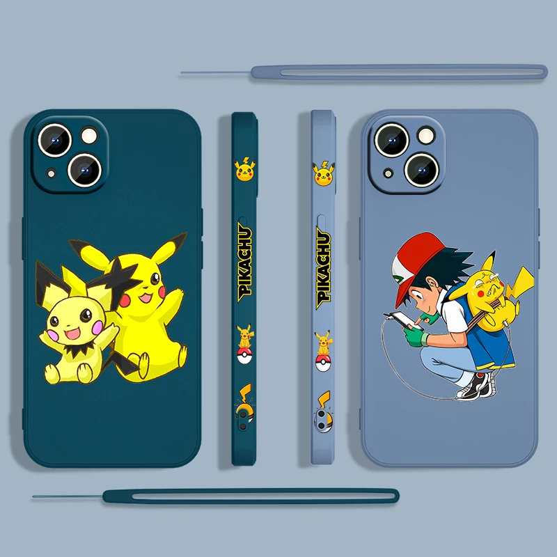 

Cute Anime Pikachu For Apple iPhone 13 12 Mini 11 Pro XS MAX XR X 8 7 6S SE Plus Liquid Left Rope Silicone Phone Case Capa Cover