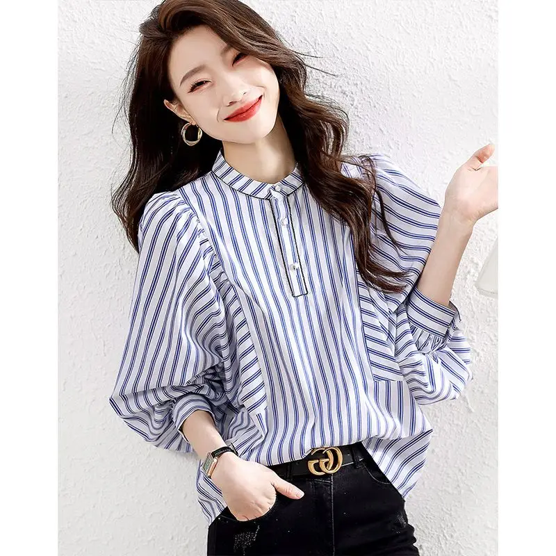 

Fashion O-Neck Button Striped Lantern Sleeve Shirts Women's Clothing 2023 Autumn Winter Loose Casual Tops Commuter Blouses