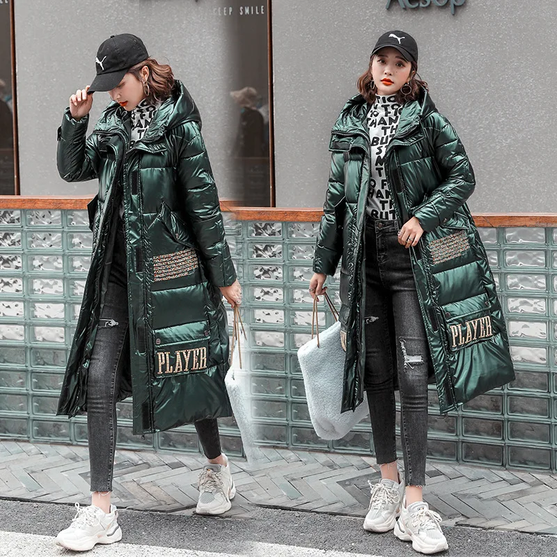 Bright Long Parkas Women Full Sleeve Oversized Hooded Coats 2022 Winter New Korean Fashion Green BlackThicken Warm Jacket Female