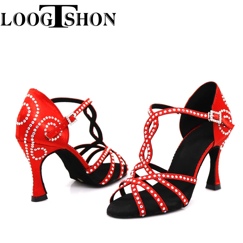 Loogtshon latin dance shoes woman Latin Dance Shoes shining RED  satin Women Salsa party Ballroom shoes