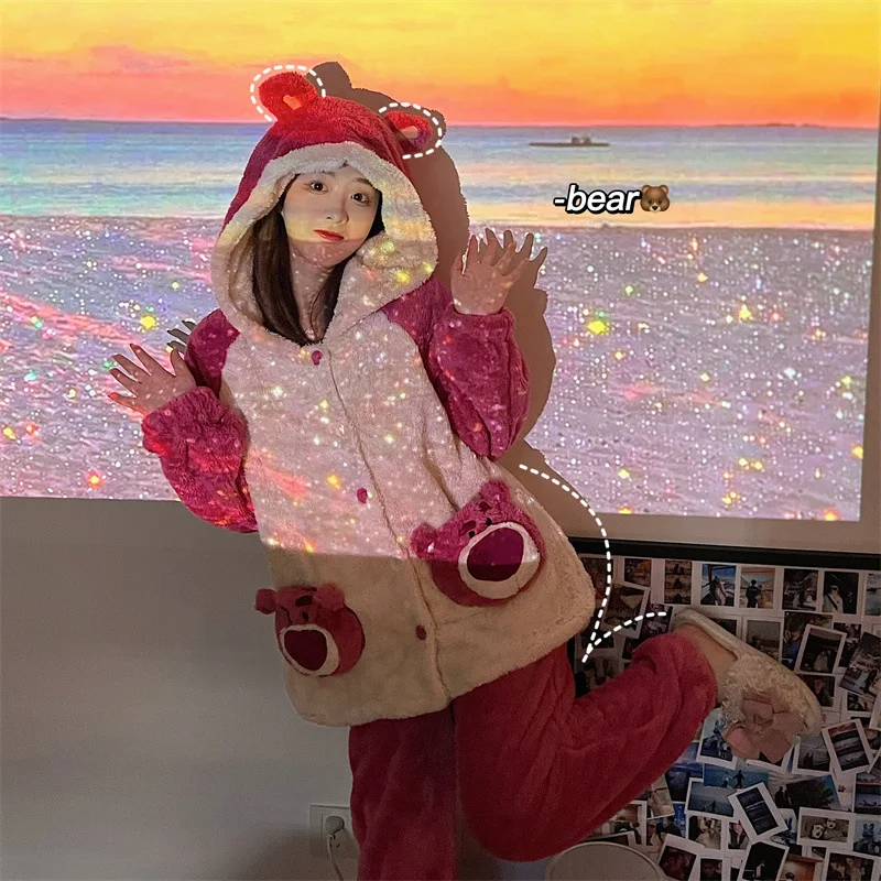 Women's Cartoon Animal Cosplay Sleepwear Two Pieces Set  Winter Warm Plush Home Clothes Hooded Flannel Thick Red White Pajamas