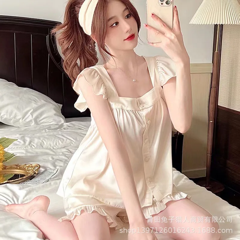 Women's new pajamas ice silk short-sleeved casual silk pajama set women pijamad de mujer
